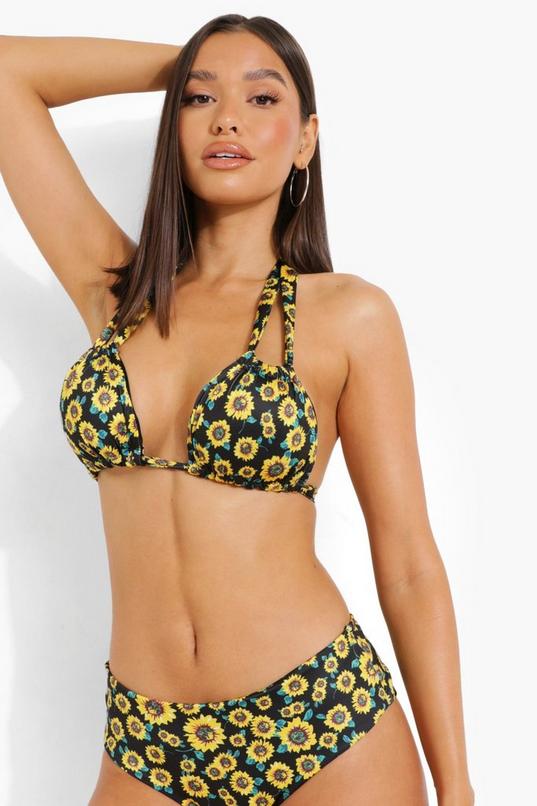 Sunflower Print Triangle High Leg Bikini Set