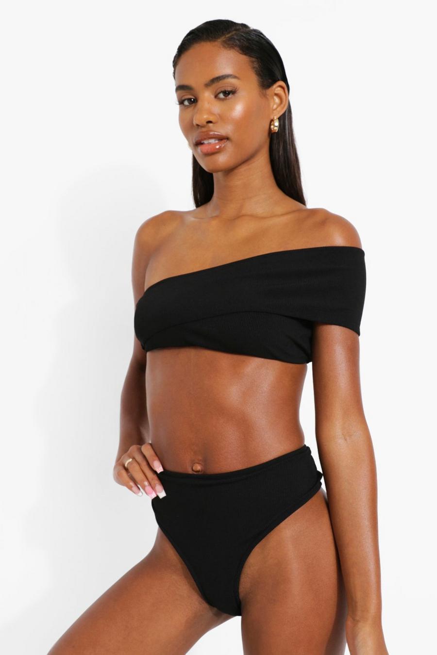 Black Ribbed One Shoulder Bikini Set image number 1