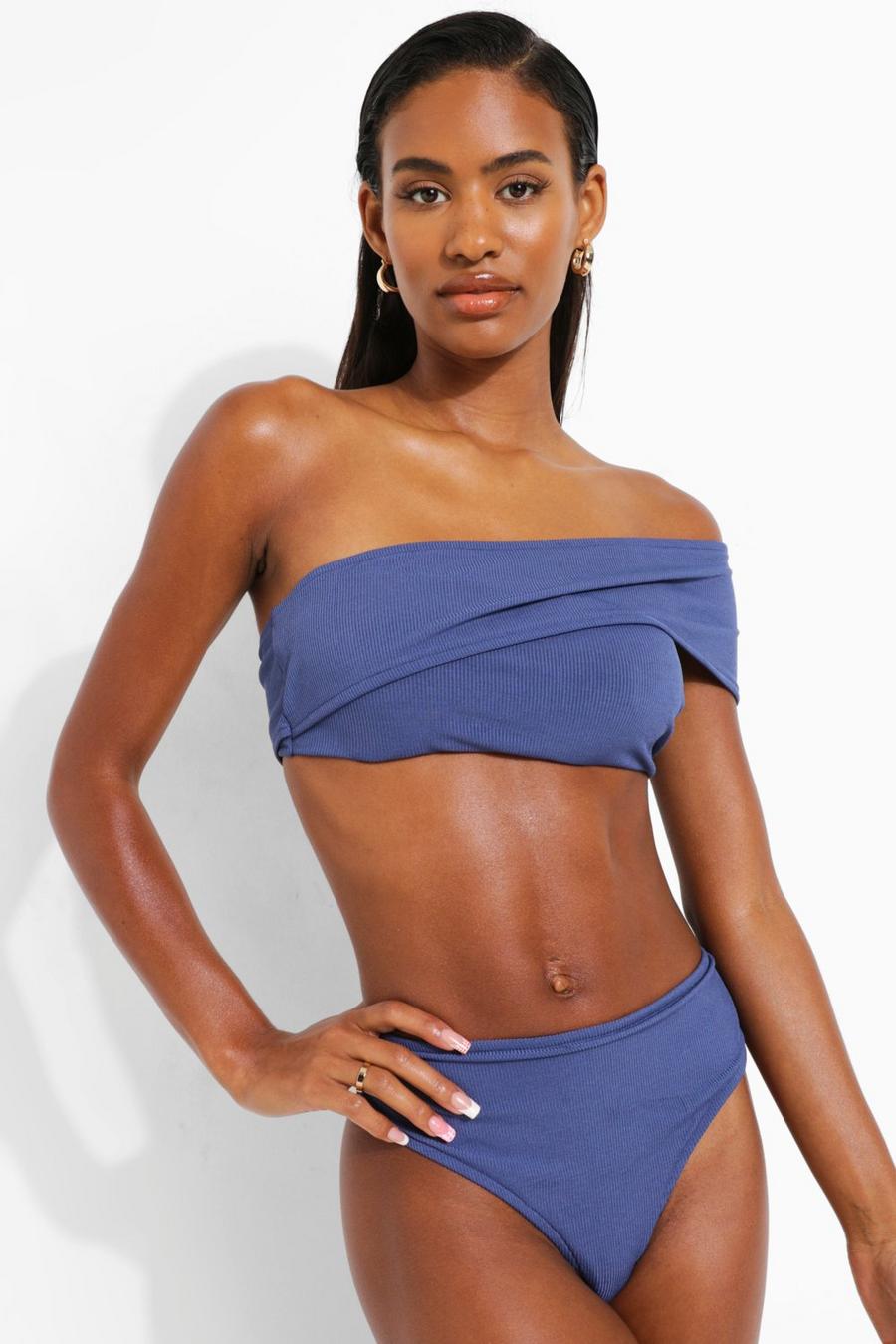 Set bikini monospalla in maglia a coste, Denim-blue image number 1