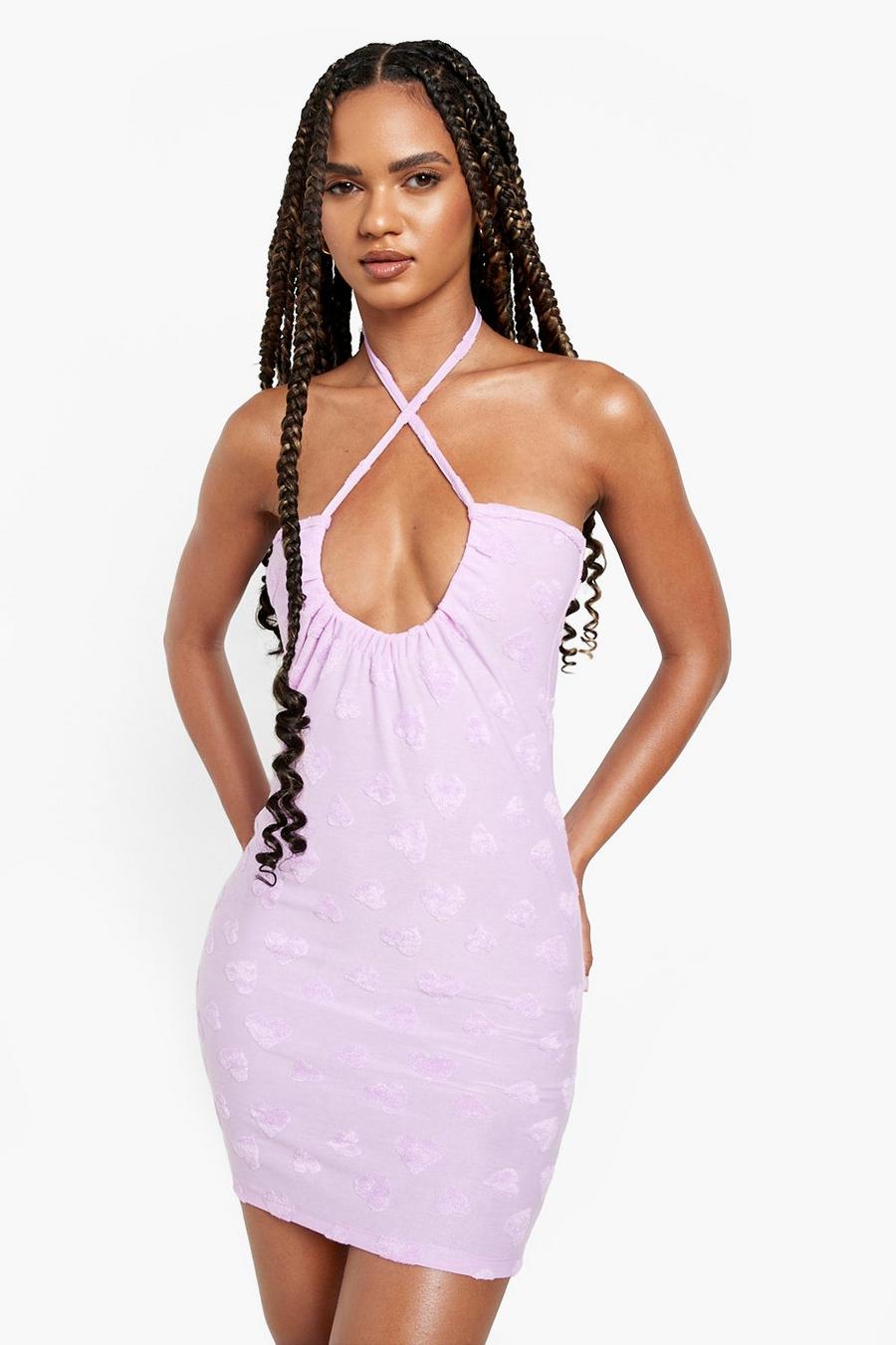 Lilac Towelling Embossed Halter Neck Beach Dress image number 1