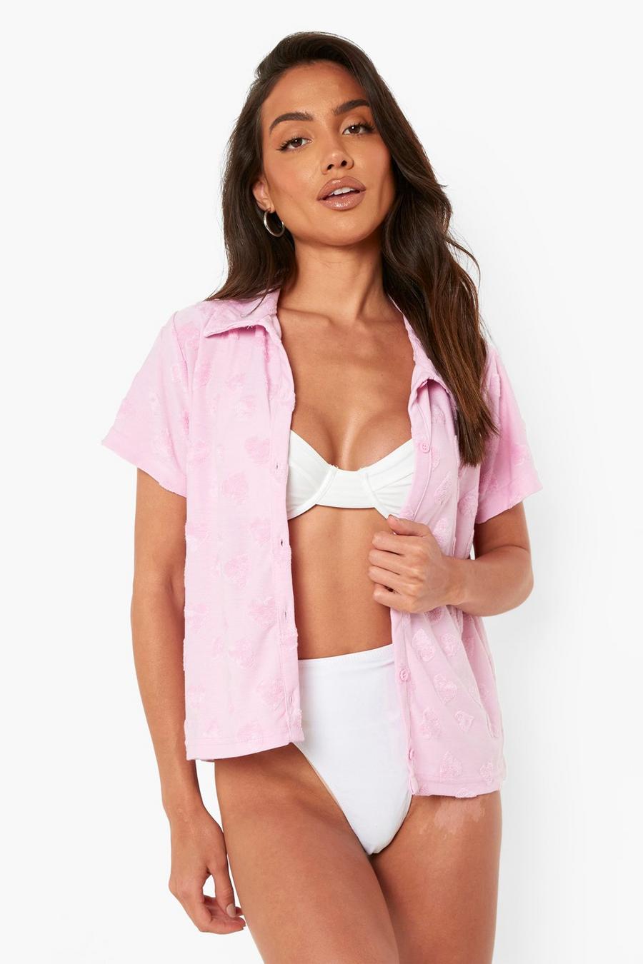 Kastiges geprägtes Frottee-Strandhemd, Pink image number 1