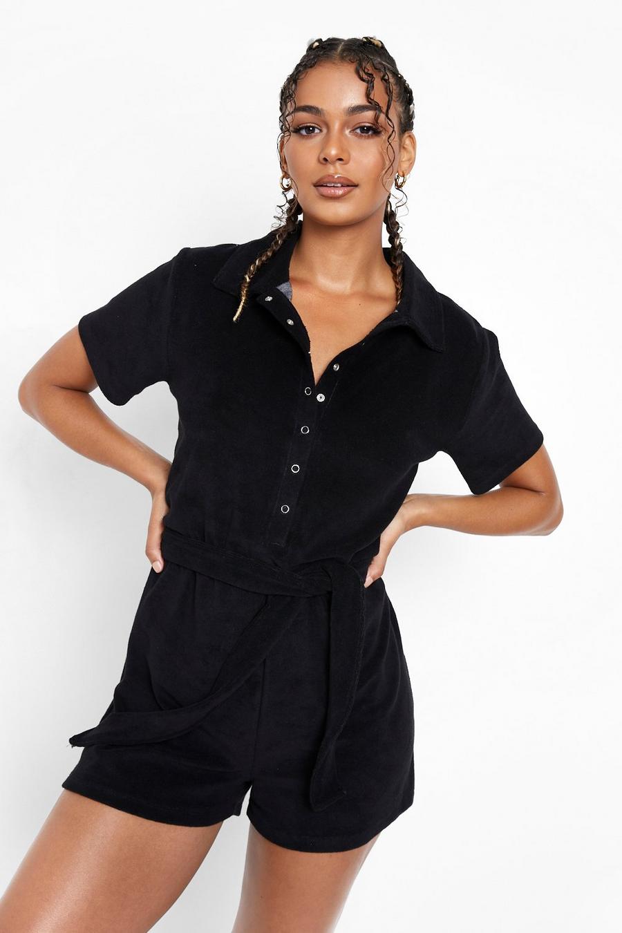 Black Towelling Belted Beach Playsuit image number 1