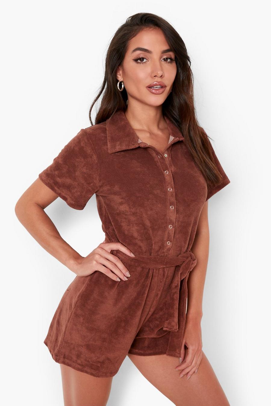 Chocolate Towelling Belted Beach Playsuit image number 1