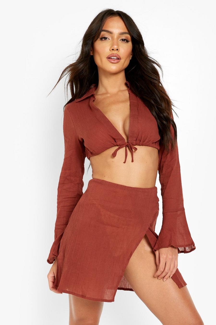 Coffee Crinkle Strappy Beach Co-ord image number 1