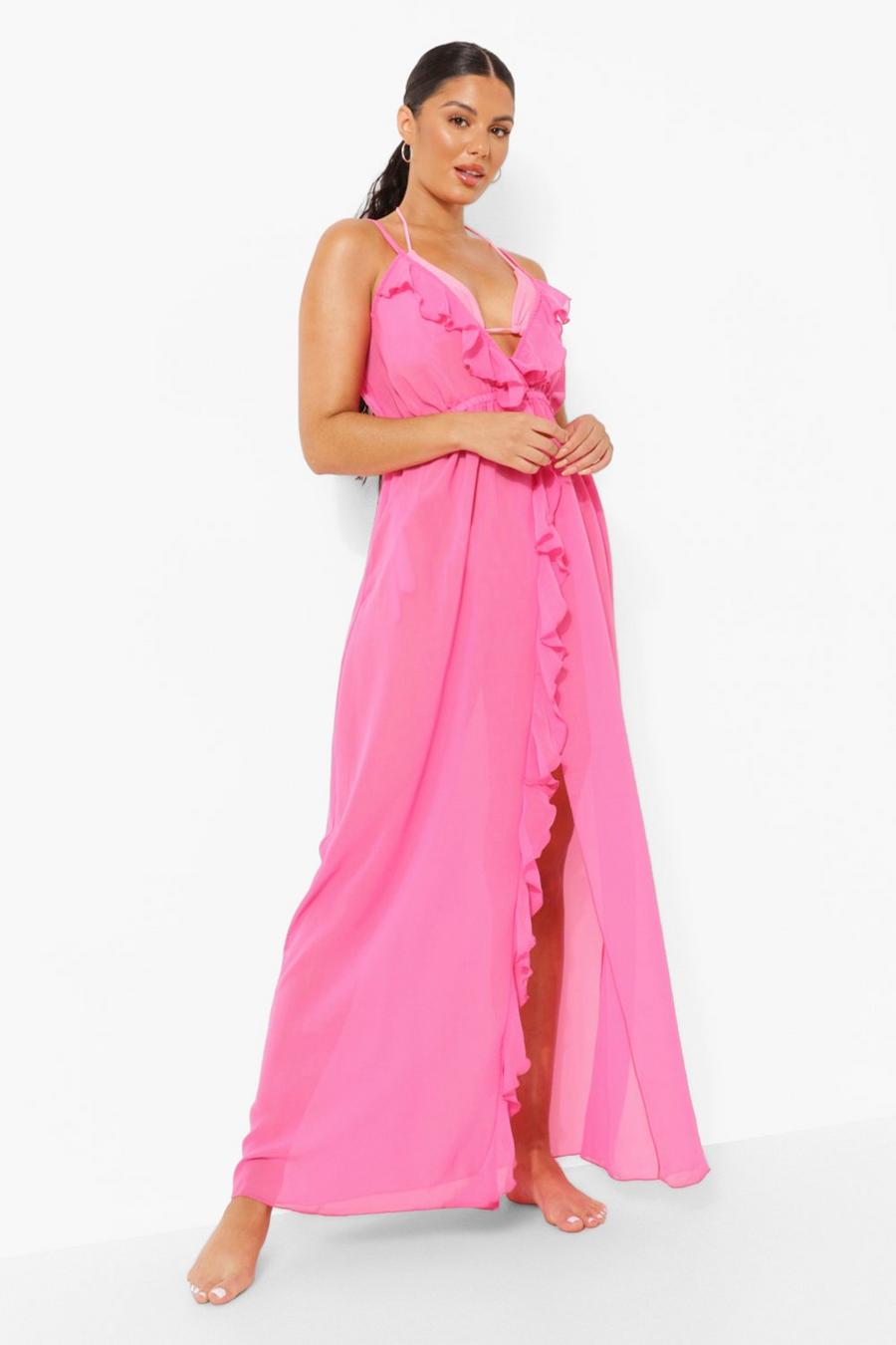 Neon-pink Chiffon Neon Split Ruffle Maxi Beach Dress image number 1