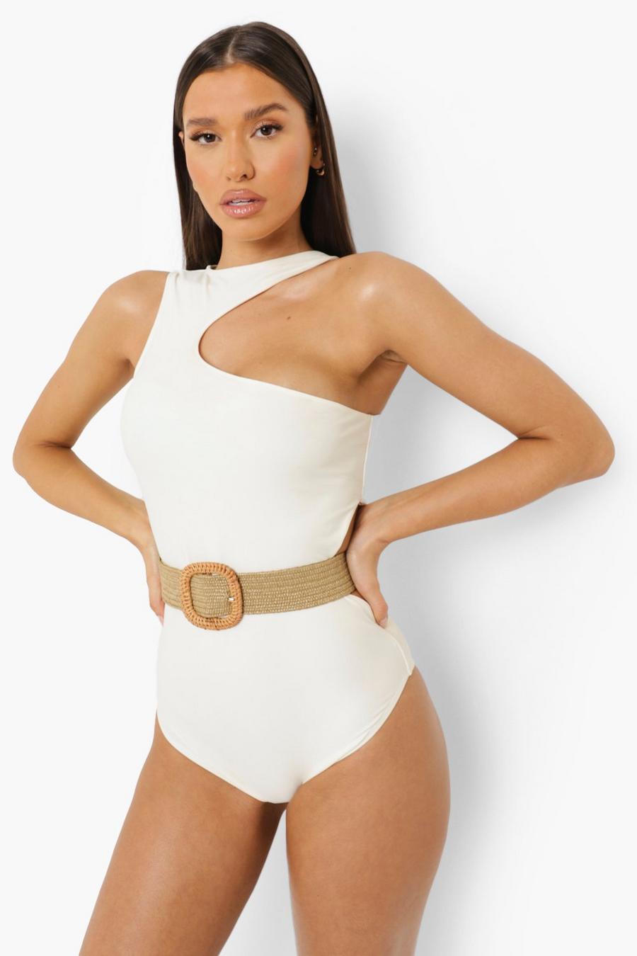Natural beige Cut Out Detail Swimsuit With Rafia Belt image number 1