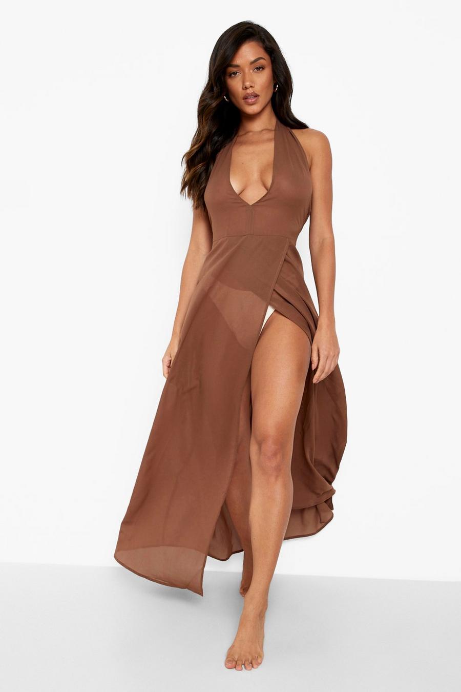 שוקולד שמלת חוף עם מחשוף עמוק מבד שיפון