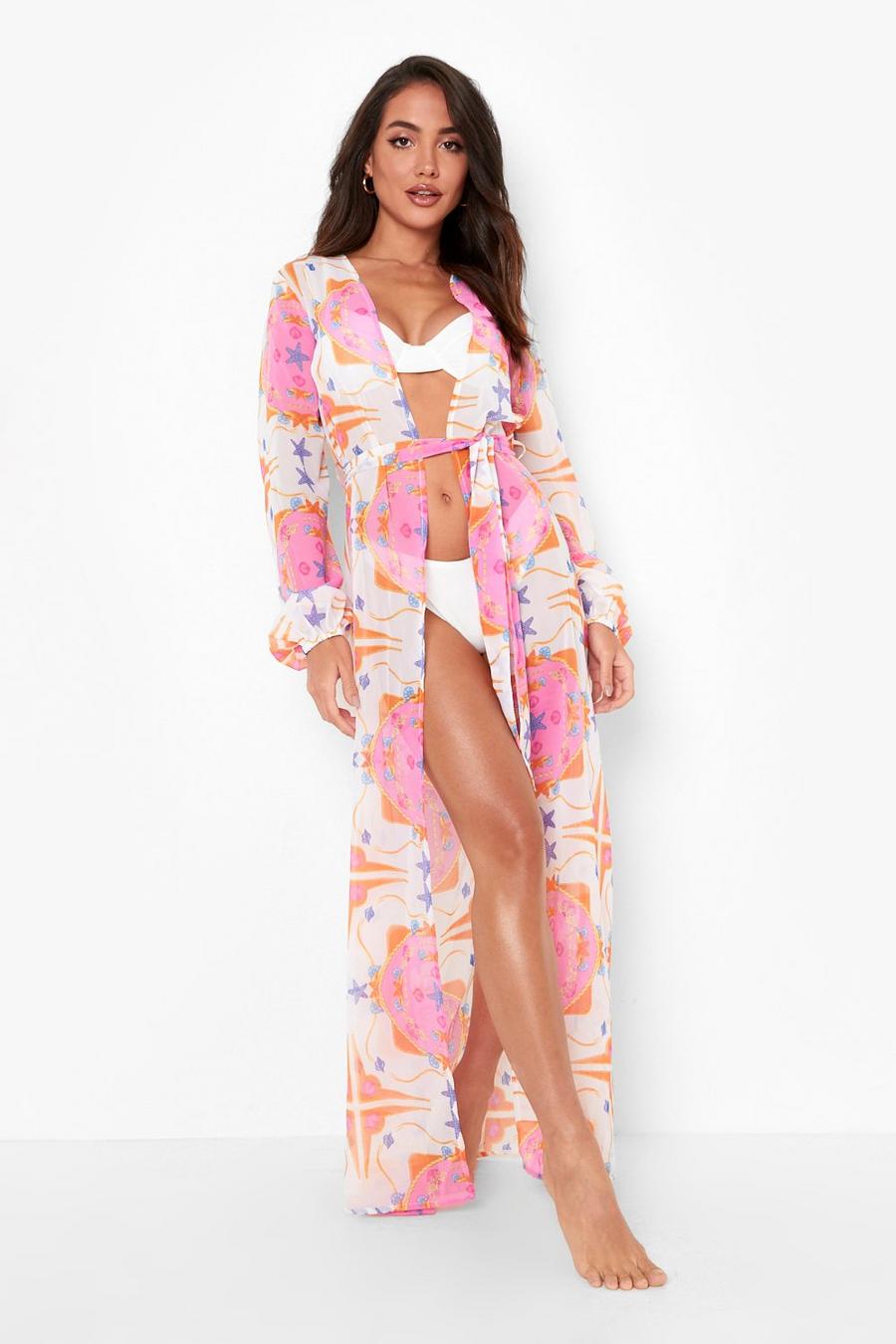 Chiffon Maxi-Kimono mit nautischem Print, Pink image number 1