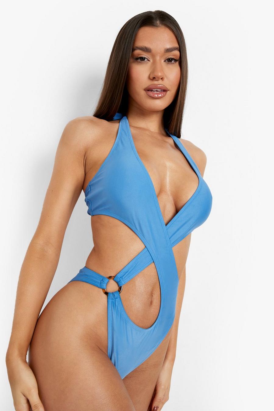 Blue Cut Out Ring Detail Swimsuit image number 1
