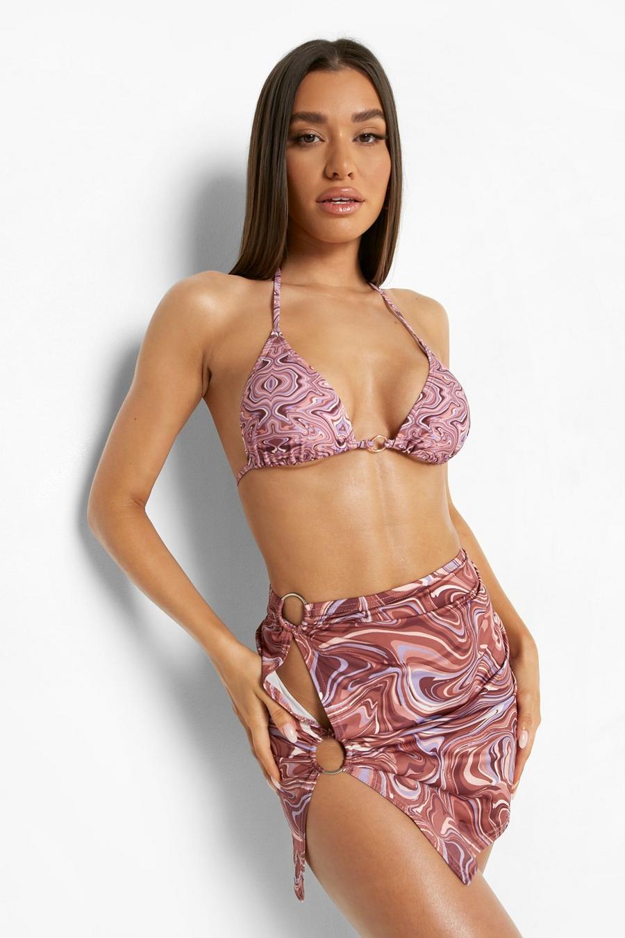 Brown Slinky Marble Print Ring Detail Beach Skirt image number 1