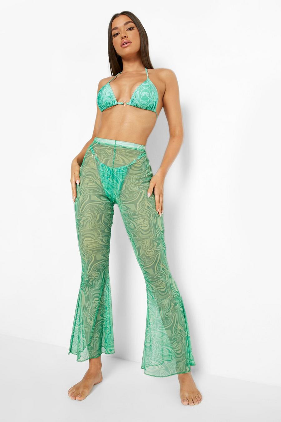 Green Mesh Printed Flare Beach Pants image number 1
