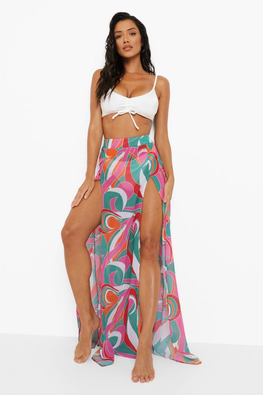 Falda maxi de playa con abertura en la pernera y estampado abstracto, Pink image number 1