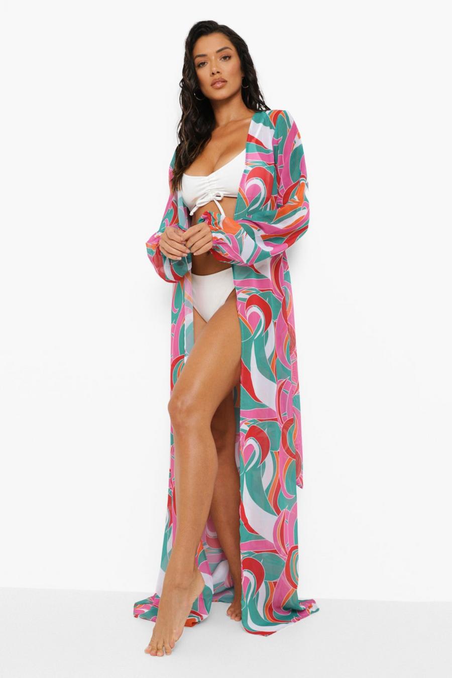 Kimono de playa maxi con cinturón y estampado abstracto, Pink image number 1