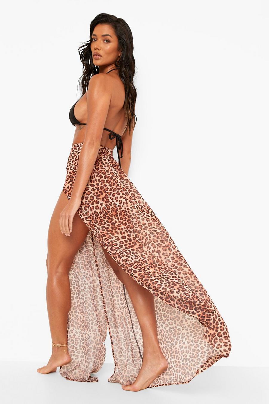 Falda maxi de playa con abertura en la pernera y estampado de leopardo, Leopard image number 1