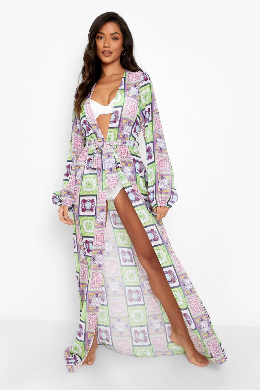 Lilac Chain Print Belted Maxi Beach Kimono image number 1