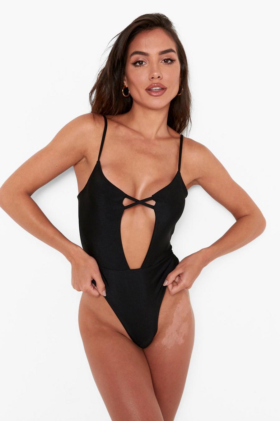 Black Plunge Front Cross Strap Cut Out Swimsuit image number 1