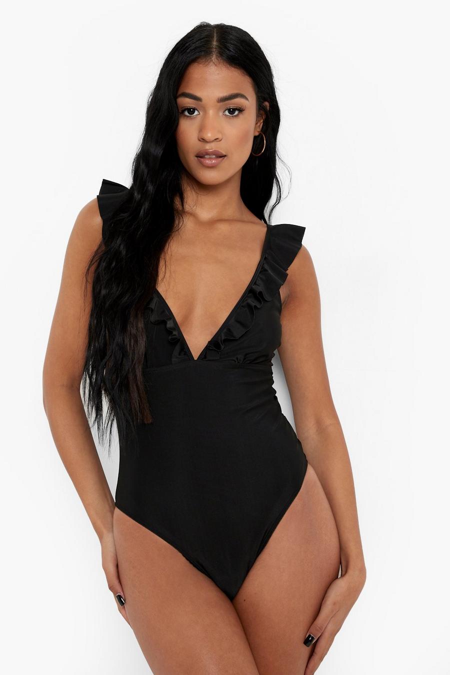 Black Tall Frill Detail Plunge Swimsuit image number 1