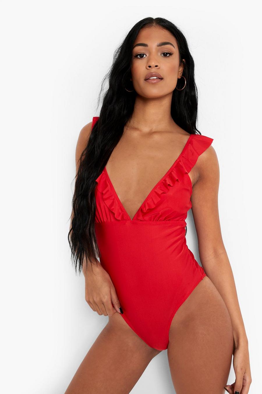Red Tall Frill Detail Plunge Swimsuit image number 1