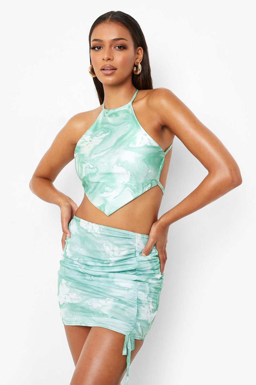 Green Marble Mesh Print Ruched Beach Skirt image number 1