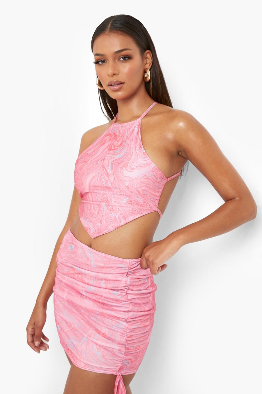 Pink Marble Mesh Print Ruched Beach Skirt image number 1