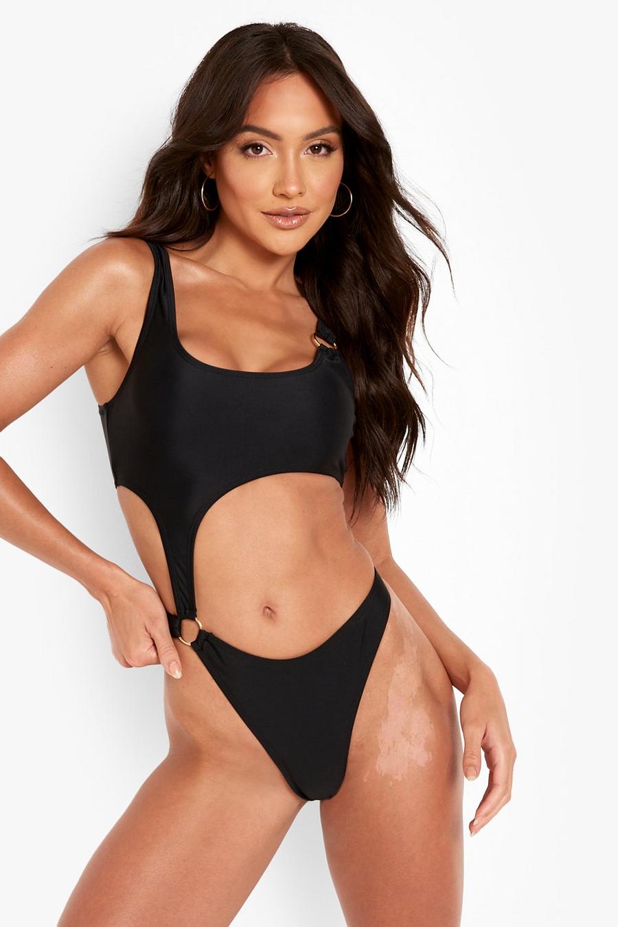 Black Ring Detail Cut Out Swimsuit image number 1