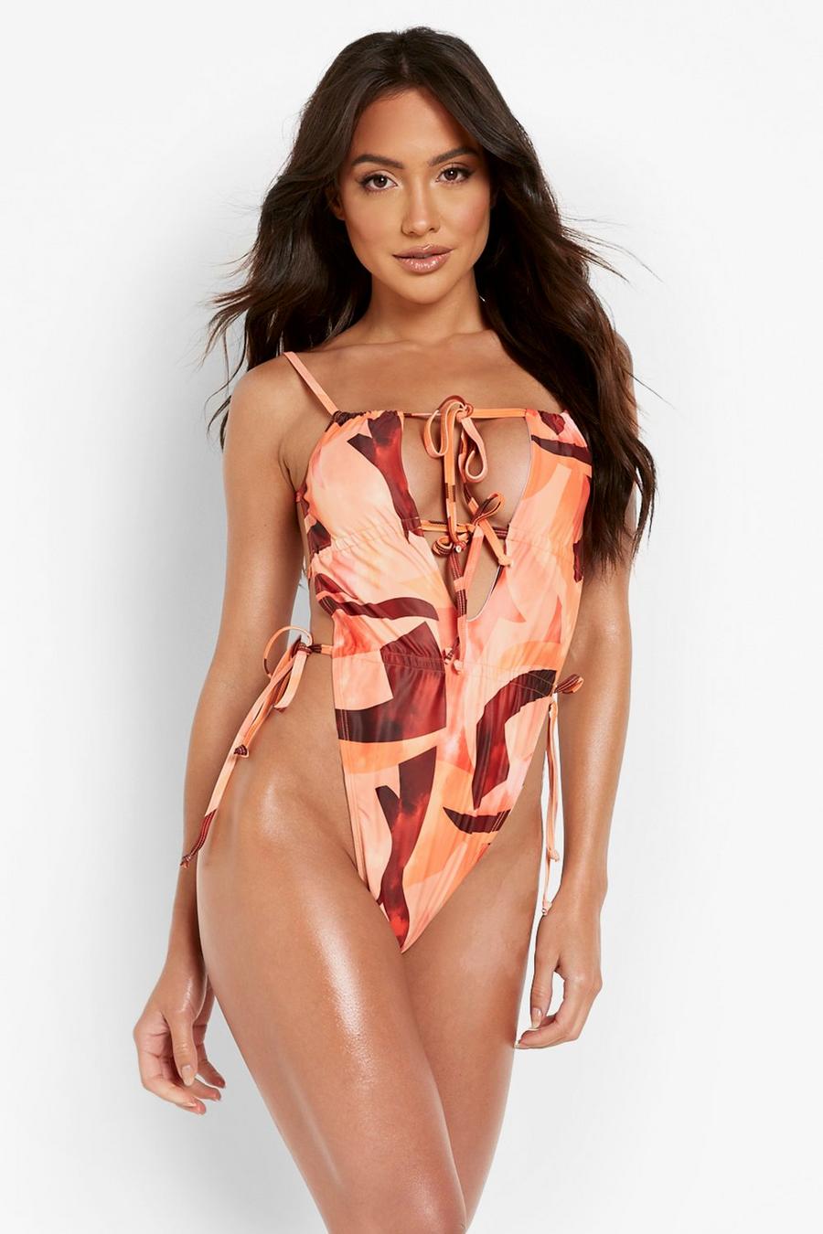 Red Extreme Ruched Printed Tie Strappy Swimsuit image number 1