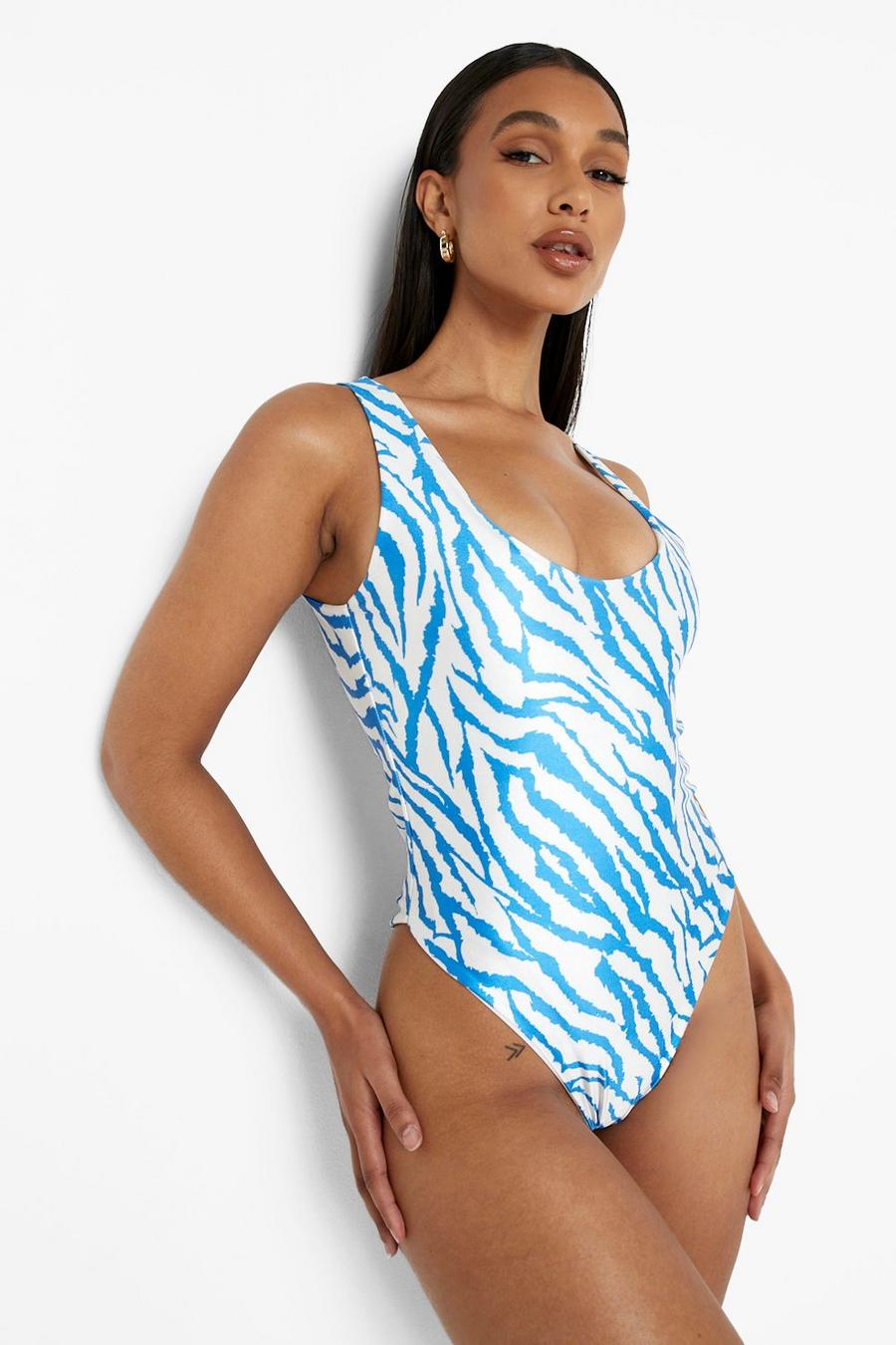 Blue Tiger Print Scoop Neck Basic Swimsuit image number 1