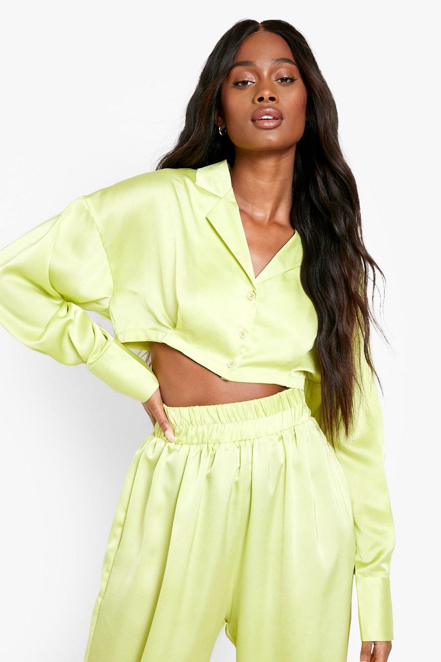 Lime Satin Beach Cropped Shirt image number 1