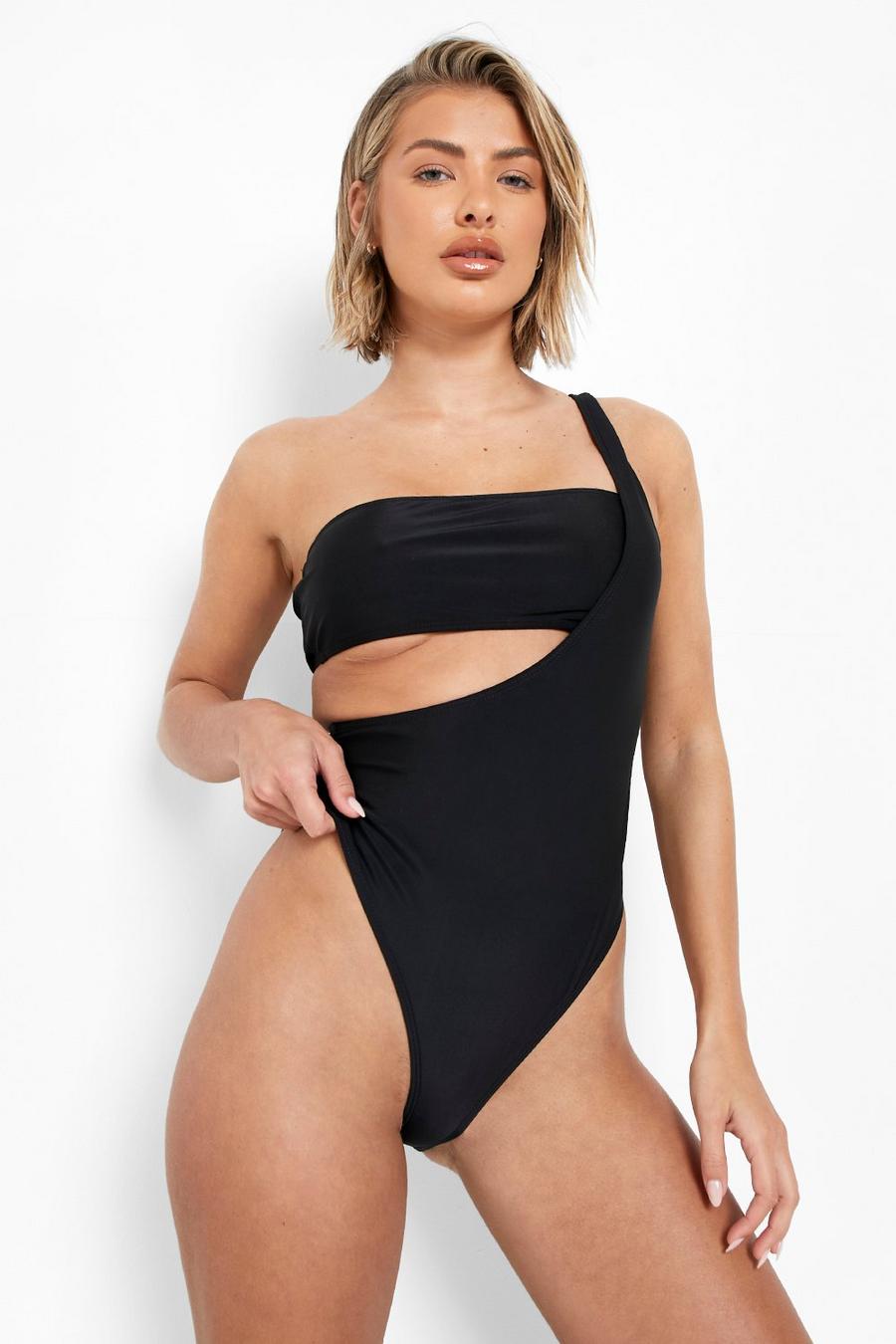 Black Recycled One Shoulder Swimsuit image number 1