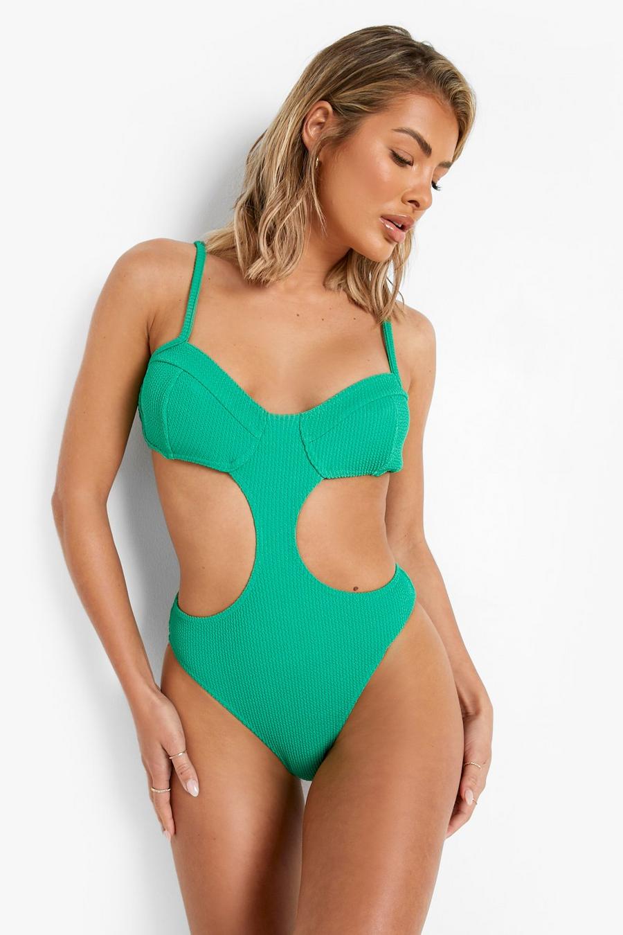 Green Crinkle Cut Out Swimsuit image number 1