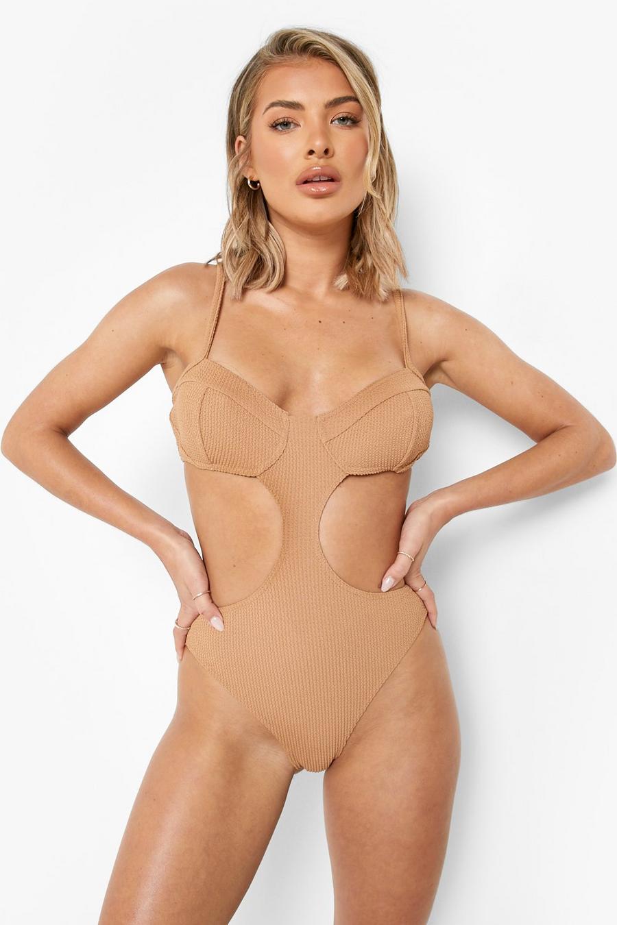 Mocha Crinkle Cut Out Swimsuit image number 1