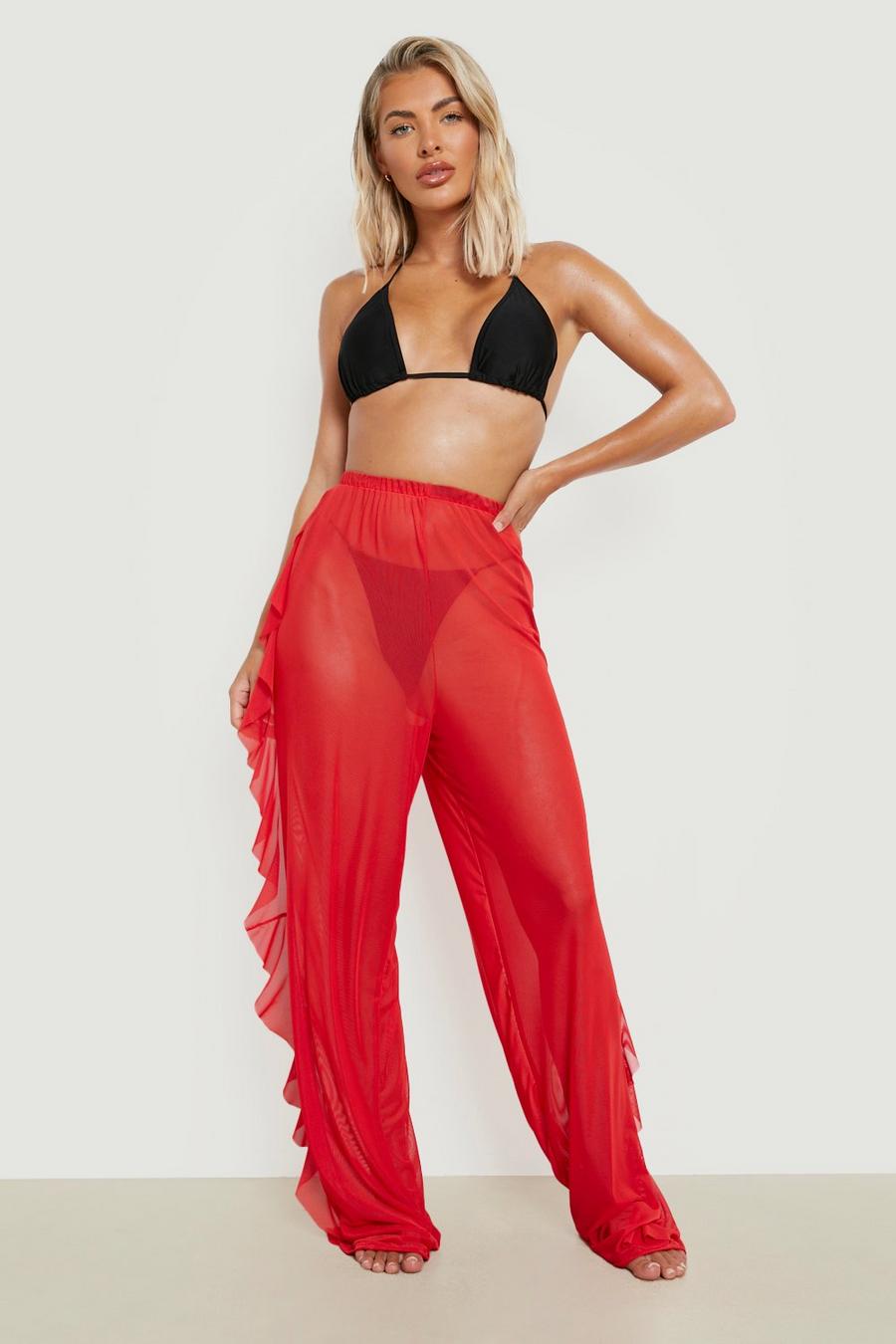 Red Frill Sides Chiffon Beach Pants image number 1