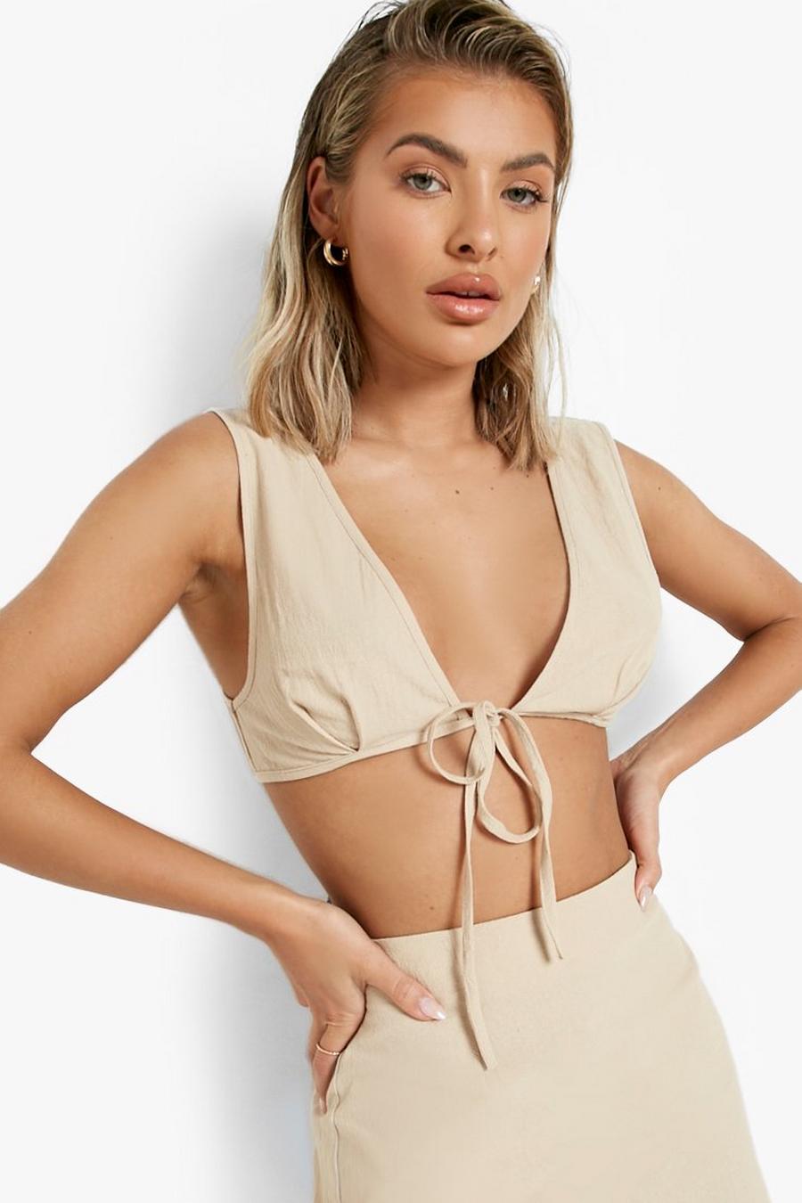 Stone Linen Tie Front Beach Co-ord Bralet image number 1