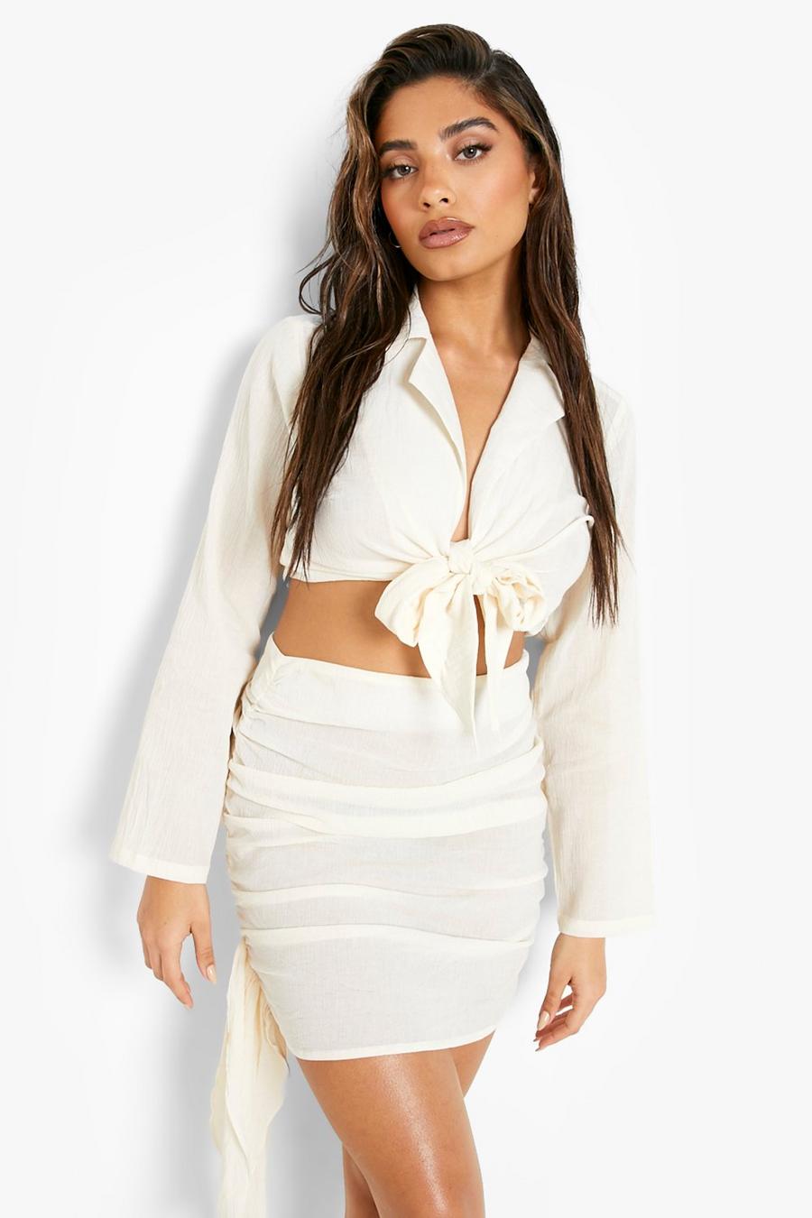 Cream Linen Ruched Knot Co-ord Beach Skirt image number 1