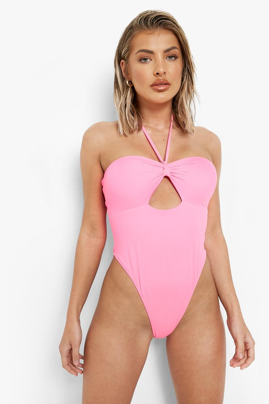 Neon-pink Strap Detail Twist Bandeau Cut Out Padded Swimsuit image number 1