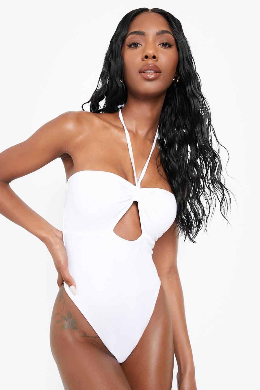 White Strap Detail Twist Bandeau Cut Out Padded Swimsuit image number 1
