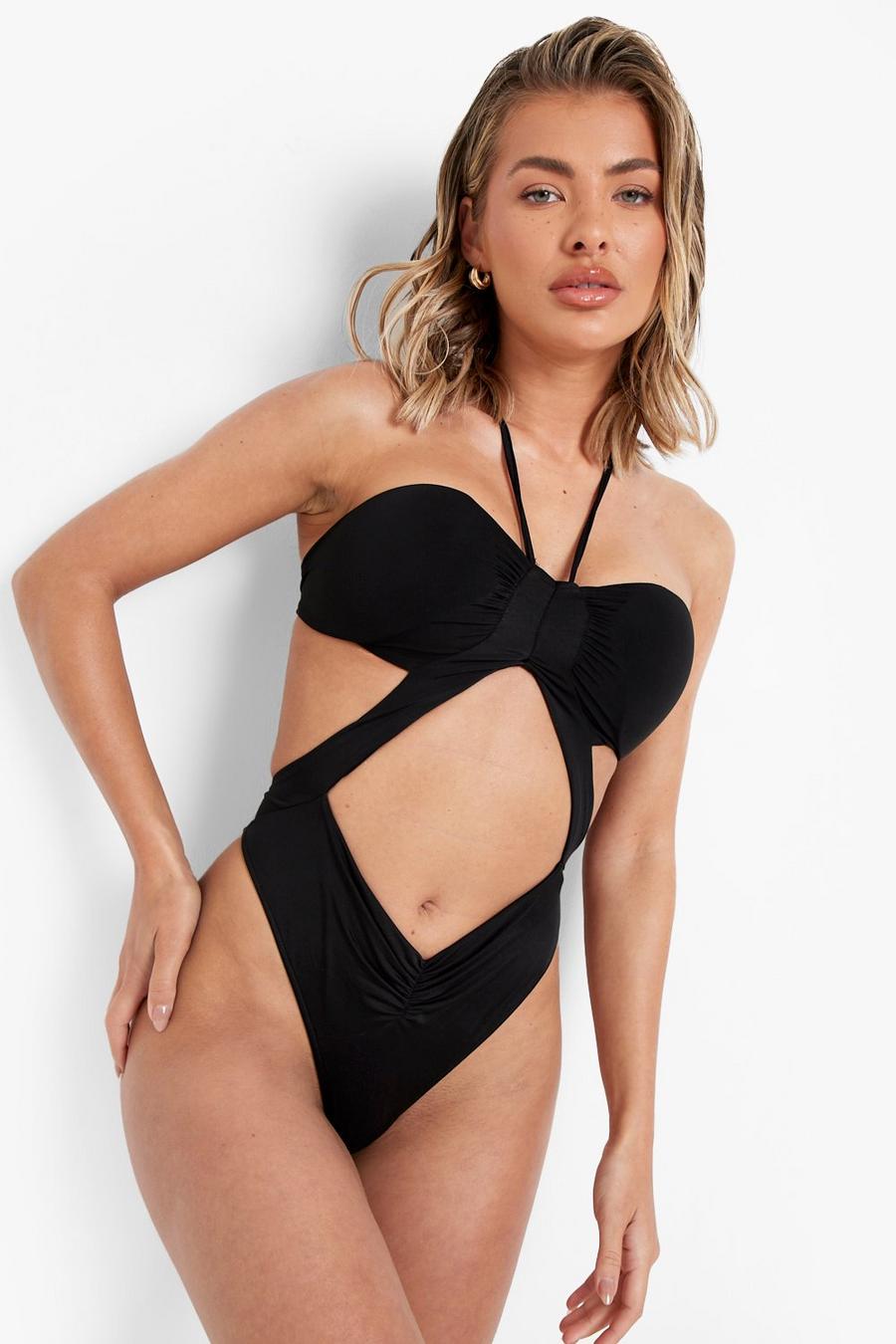 Black Halter Tie Cut Out Ruched Padded Swimsuit image number 1