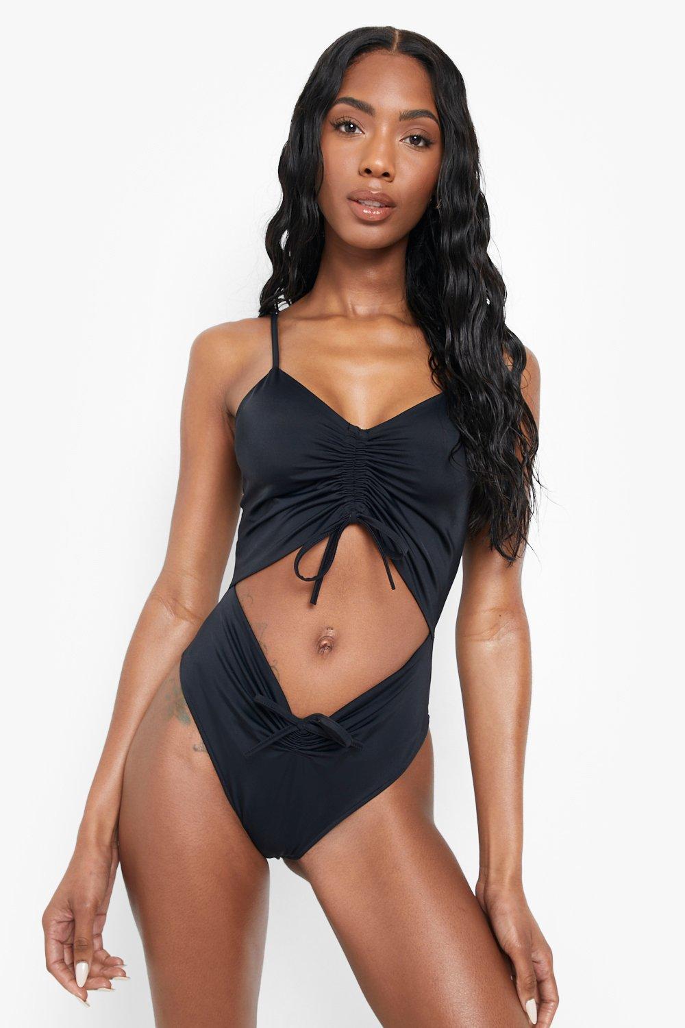 Tie Detail Ruched Strappy Swimsuit boohoo NO