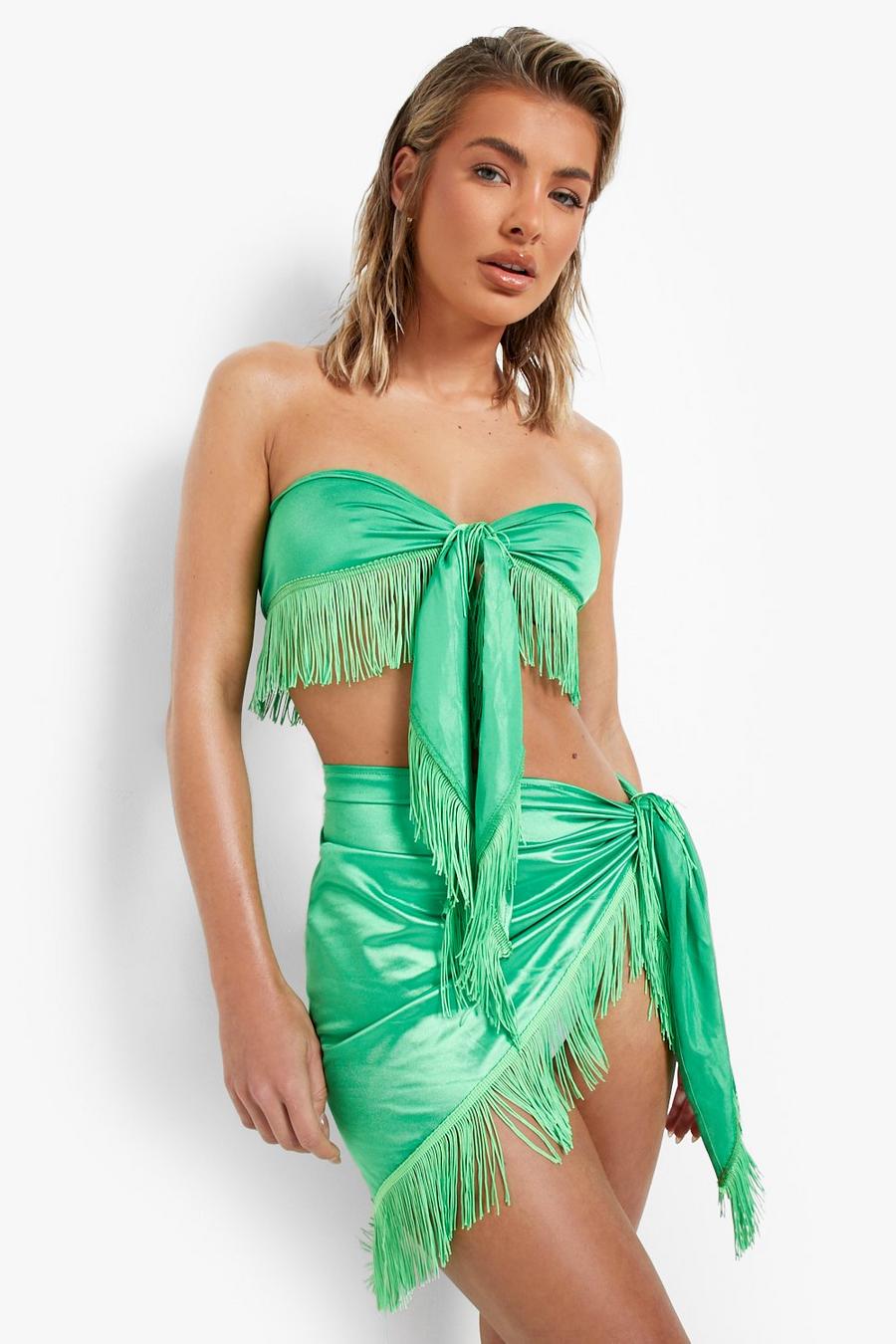 Bright green Tassel Tie Satin Beach Co-ord Sarong image number 1