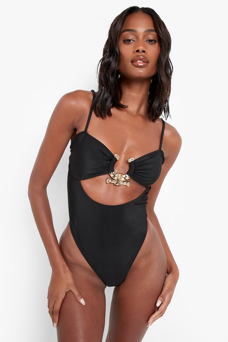 Black Gold Trim Cut Out Strappy Swimsuit image number 1