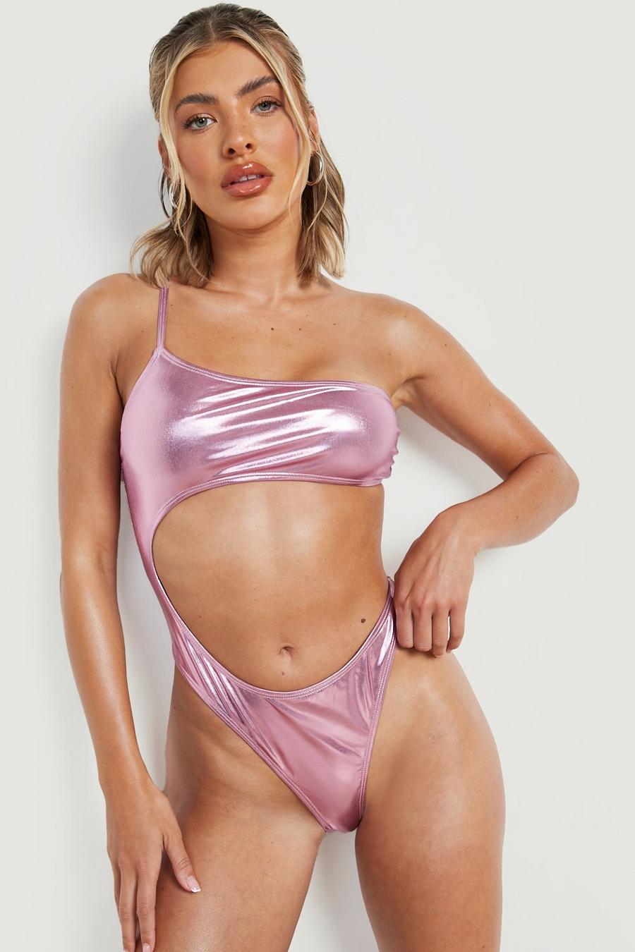 Pink Metallic One Shoulder Cut Out Thong Swimsuit image number 1