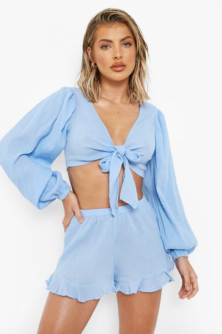Powder blue Tie Front Top & Ruffle Short Beach Co-Ord image number 1