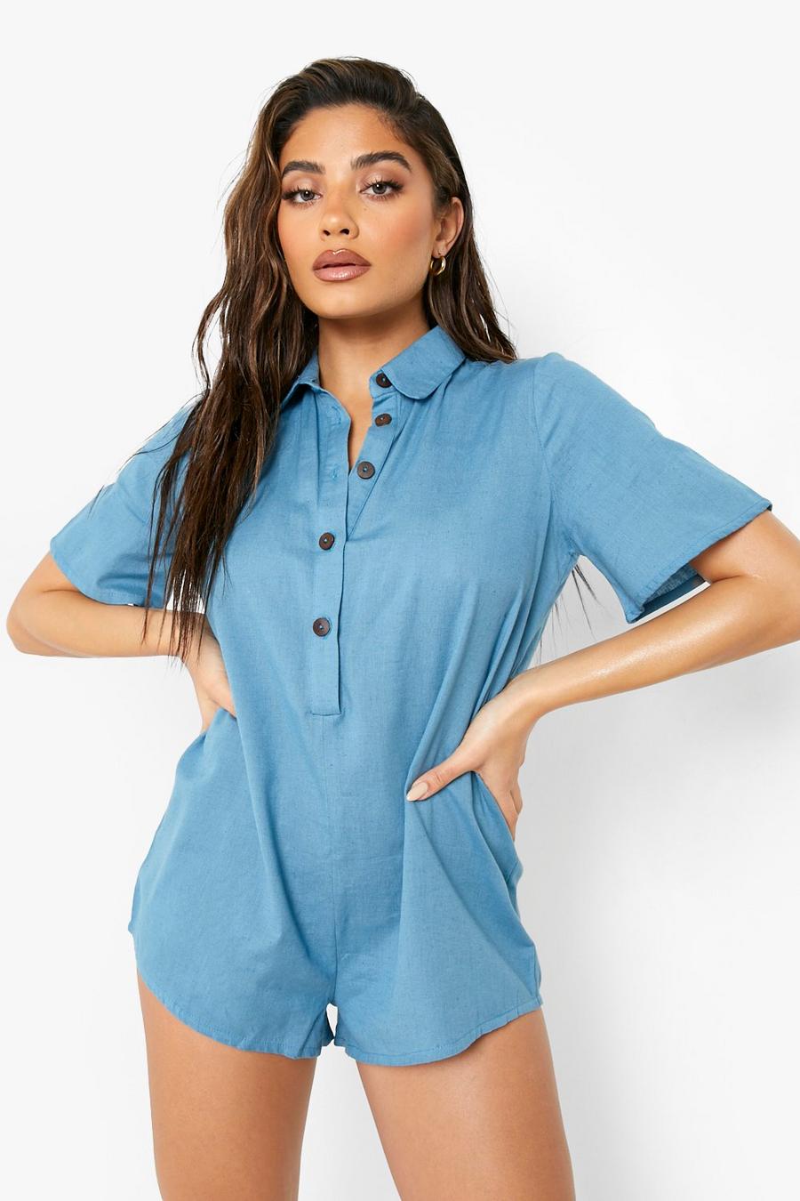 Jade blue Wooden Button Detail Beach Playsuit image number 1