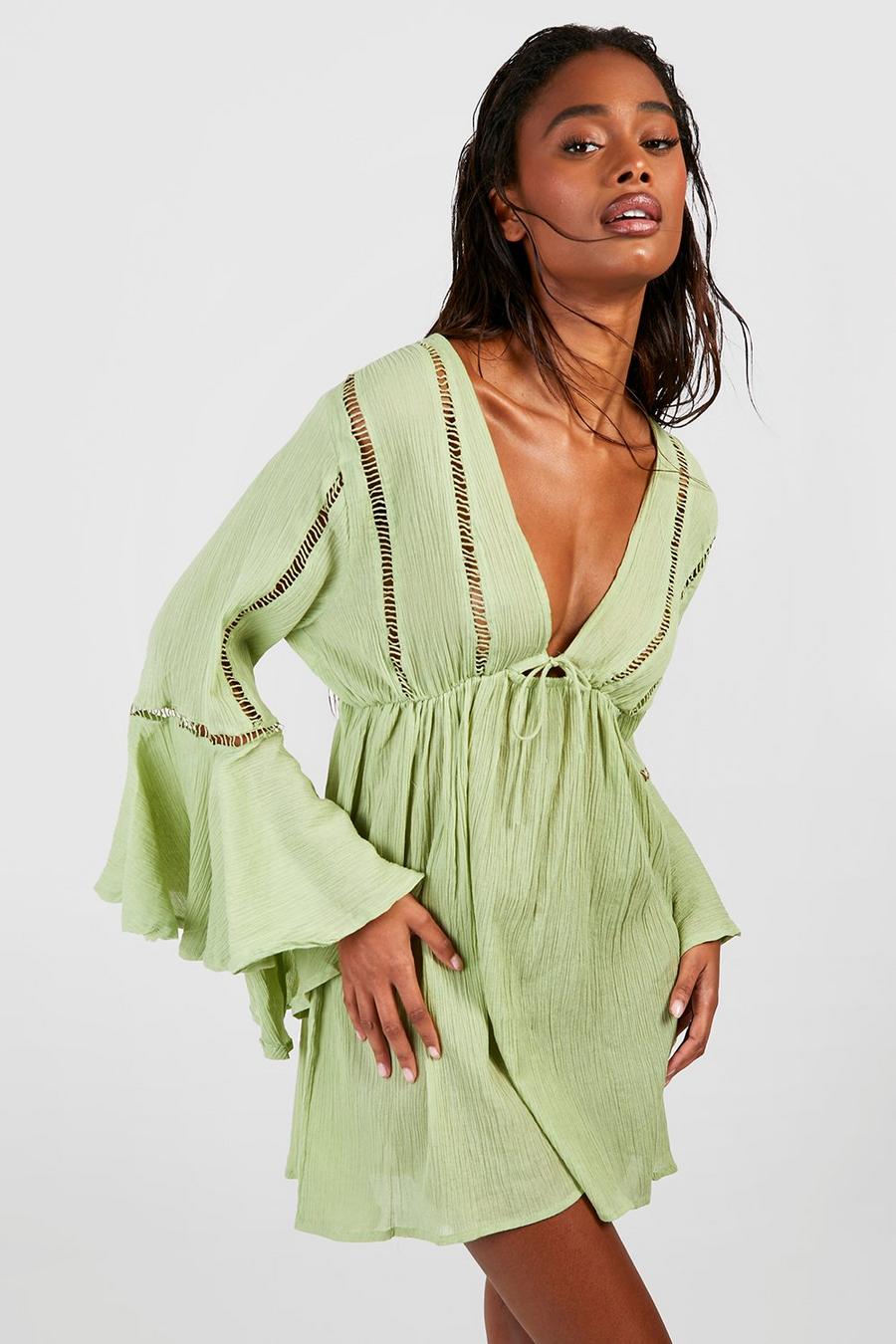 Sage verde שמלת מיני לחוף עם סלסול בשרוול וקשירה