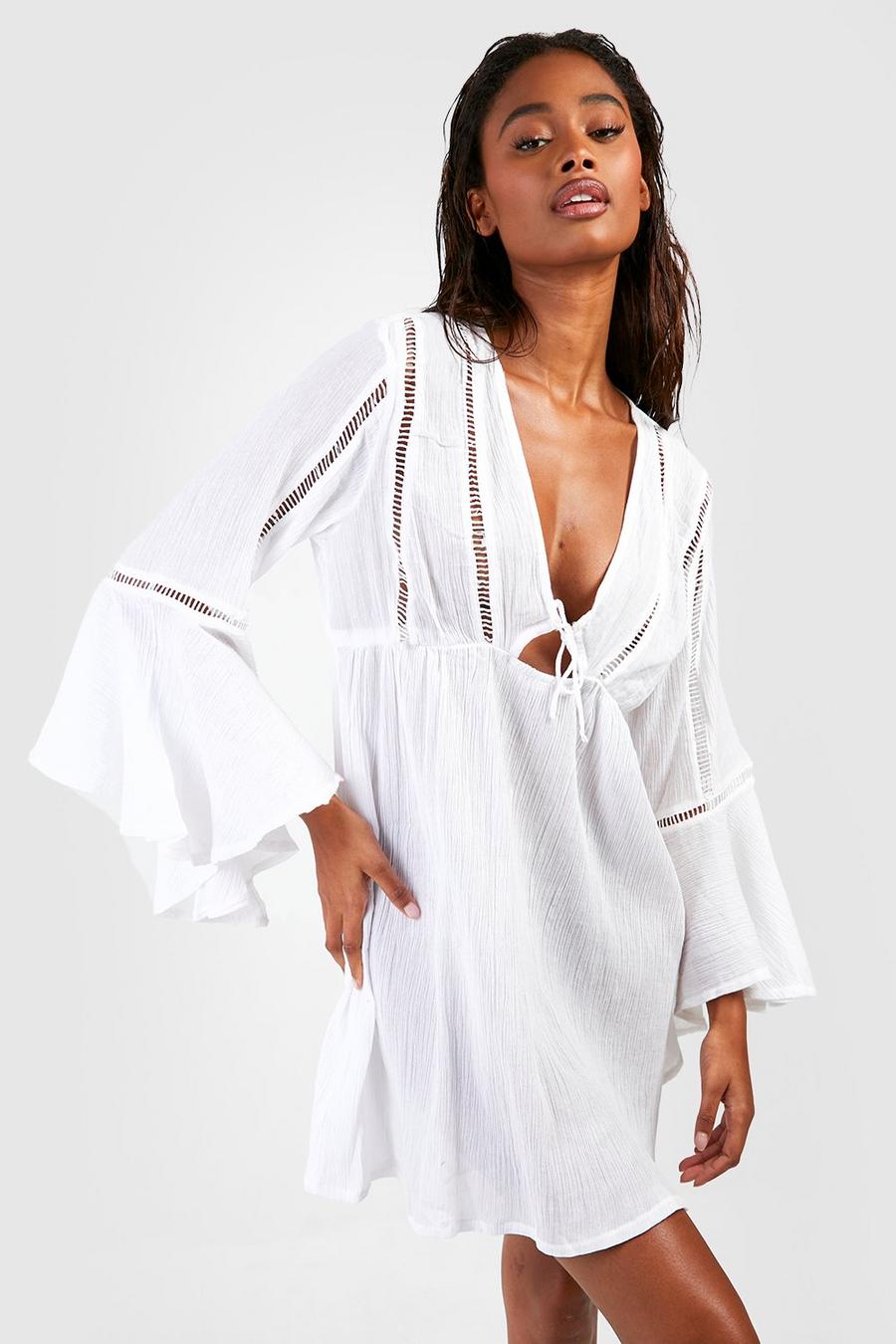 White שמלת מיני לחוף עם סלסול בשרוול וקשירה image number 1