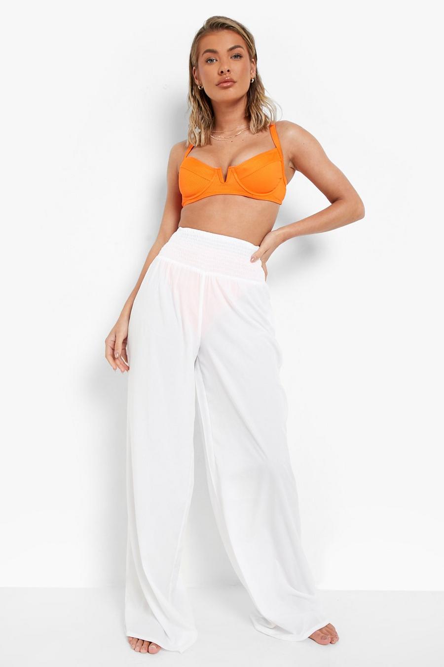 White Shirred Waistband Wide Leg Beach Trousers image number 1