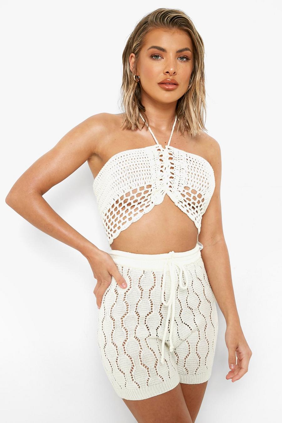 Off white Crochet Tie Beach Shorts image number 1