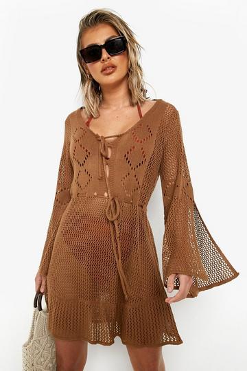 Crochet Cut Out Beach Mini Dress mocha