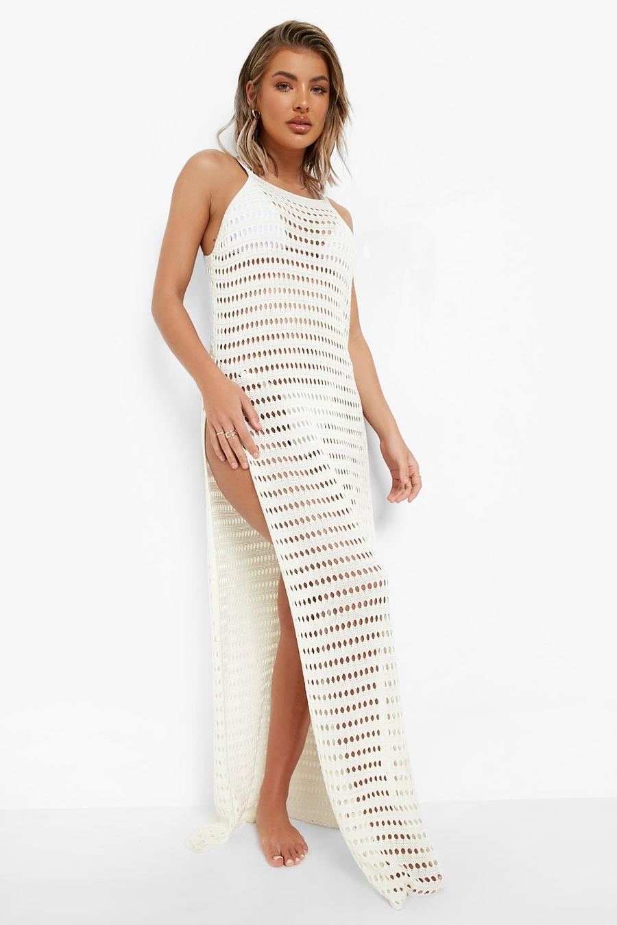 Vestido maxi para la playa de croché con aberturas laterales, Off white blanco