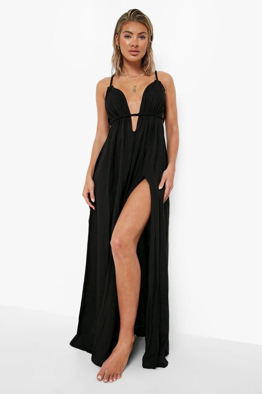 Black Linen Look Strappy Cut Out Beach Dress image number 1